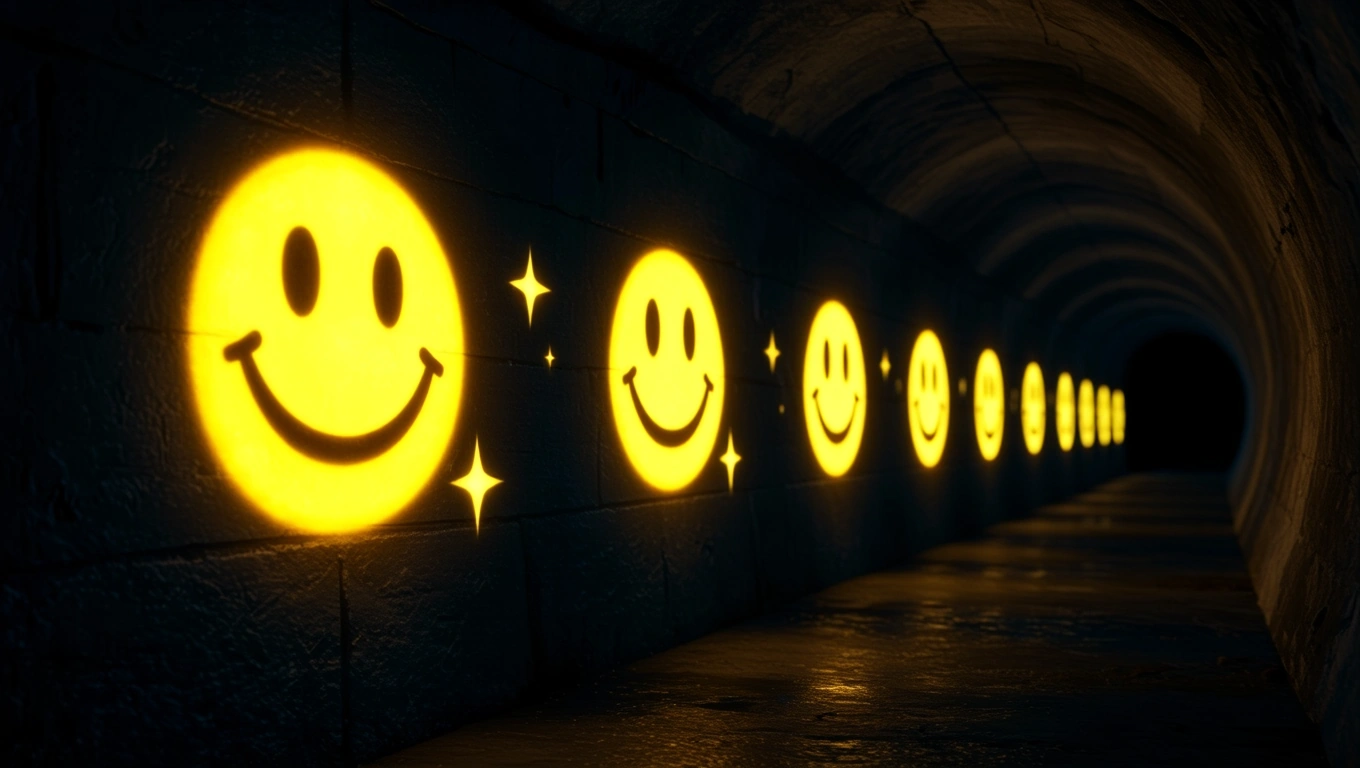 Mit jelent smileyról álmodni? – Részletes álomfejtés és értelmezés Fényes smiley arcok sorakoznak egy sötét alagút falán.