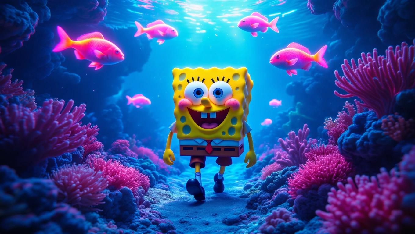 Mit jelent SpongyaBobbal álmodni? – Részletes álomfejtés és értelmezés SpongyaBob a tengerfenéken sétál, színes halakkal és korallokkal körülvéve.