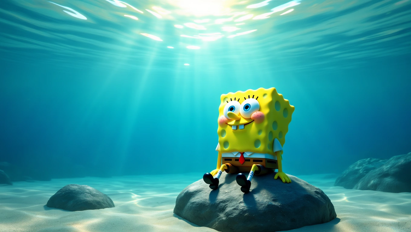 Mit jelent SpongyaBobbal álmodni? – Részletes álomfejtés és értelmezés SpongyaBob a tengerfenéken ülve, körülötte víz és kövek.