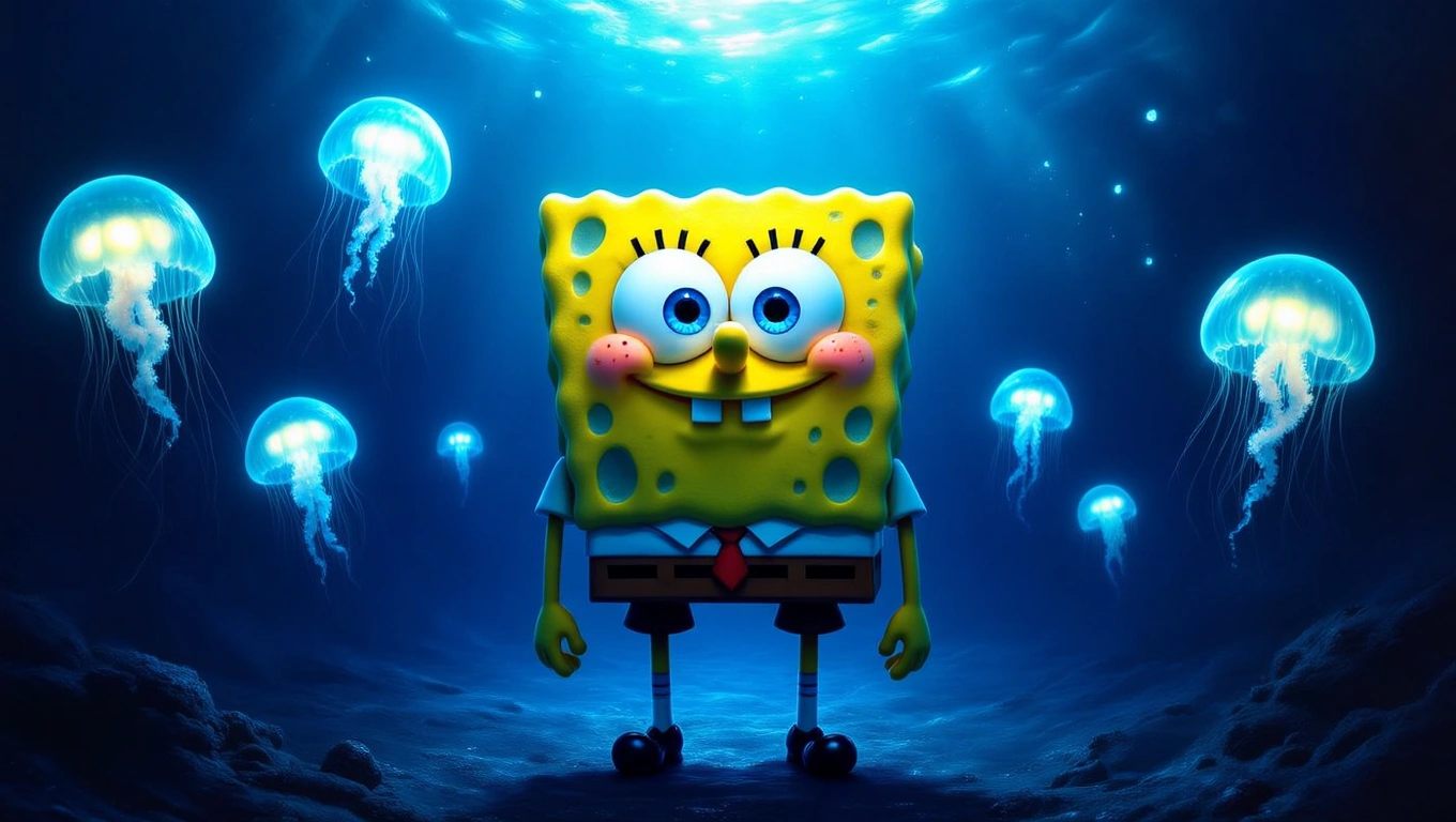 Mit jelent SpongyaBobbal álmodni? – Részletes álomfejtés és értelmezés SpongyaBob a tenger mélyén áll, körülötte világító medúzák úsznak.