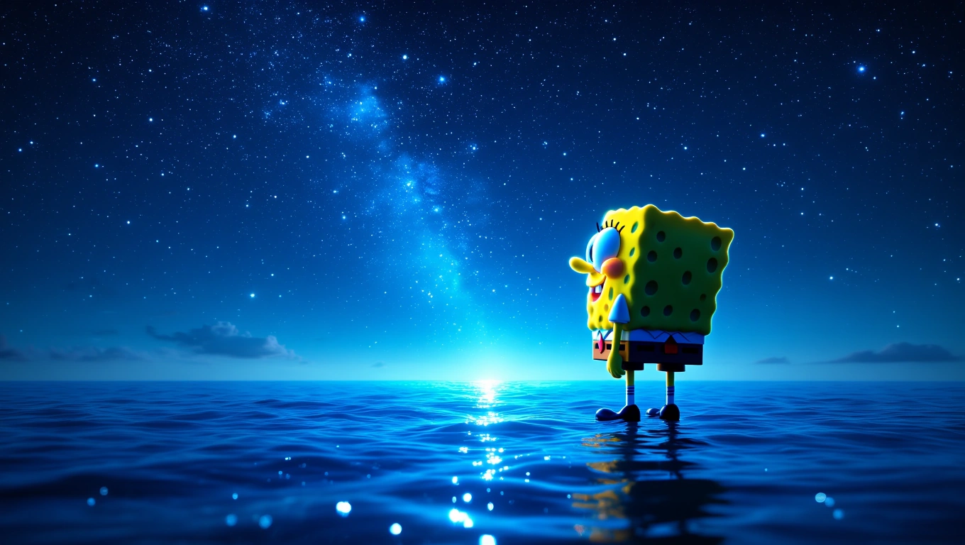 Mit jelent SpongyaBobbal álmodni? – Részletes álomfejtés és értelmezés SpongyaBob a tengerparton áll, csillagos ég alatt, a vízben tükröződve.