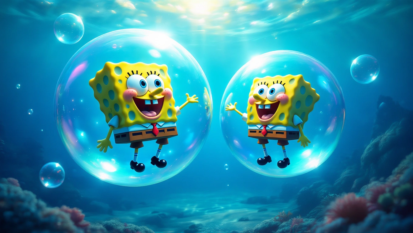 Mit jelent SpongyaBobbal álmodni? – Részletes álomfejtés és értelmezés Két vidám SpongyaBob karakter buborékokban, tenger alatti környezetben.