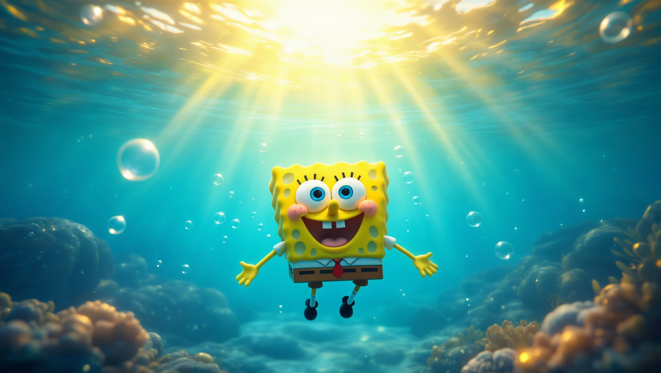 Mit jelent SpongyaBobbal álmodni? – Részletes álomfejtés és értelmezés SpongyaBob a víz alatt, mosolyogva, buborékokkal körülvéve.