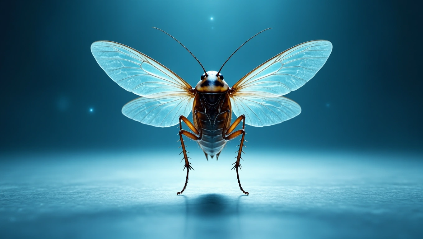 Mit jelent svábbogárral álmodni? – Részletes álomfejtés és értelmezés Egy svábbogár, szárnyait szétnyitva, kék háttér előtt áll.