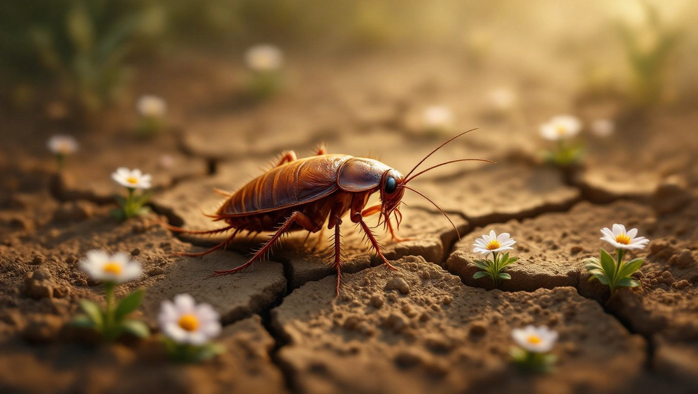Egy svábbogár áll egy repedezett talajon, körülötte virágokkal.