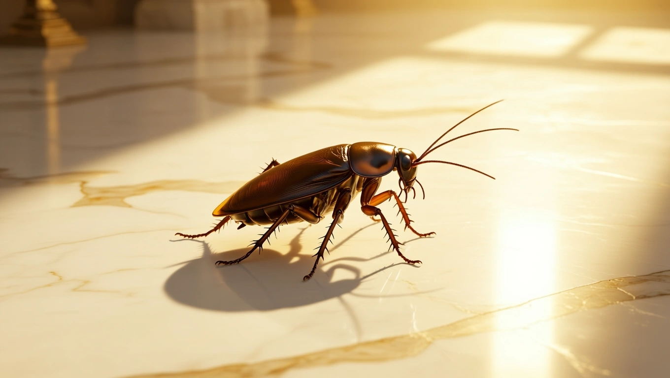 Mit jelent svábbogárral álmodni? – Részletes álomfejtés és értelmezés Egy svábbogár mászik egy fényes márványfelületen, napfényben.