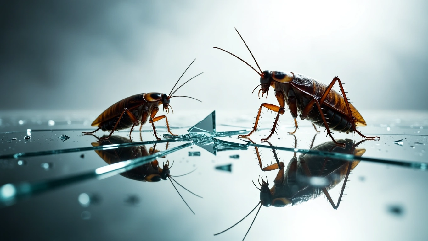 Mit jelent svábbogárral álmodni? – Részletes álomfejtés és értelmezés Két svábbogár áll egy törött üvegen, tükröződve a felületen.