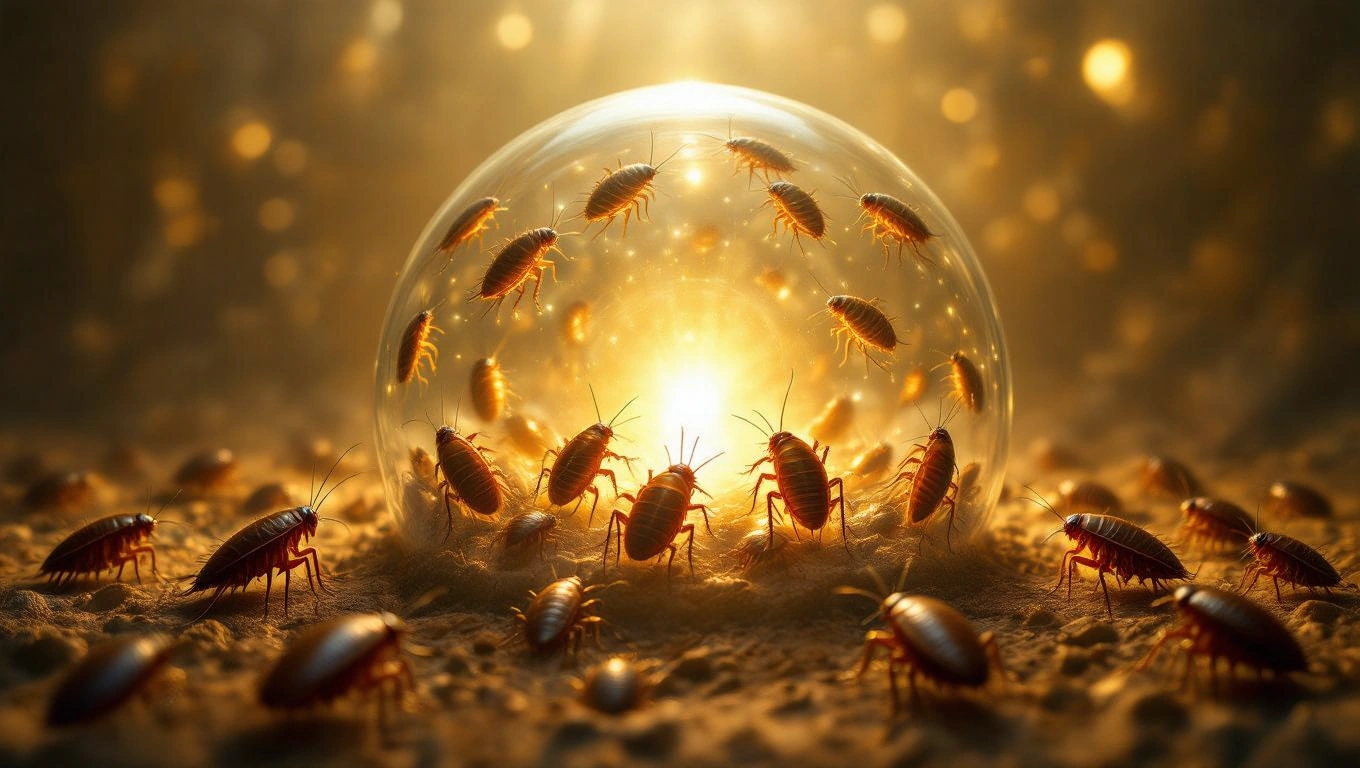 Mit jelent svábbogárral álmodni? – Részletes álomfejtés és értelmezés Svábbogarak egy fénylő gömb körül, sötét háttérben, álomszerű atmoszférában.