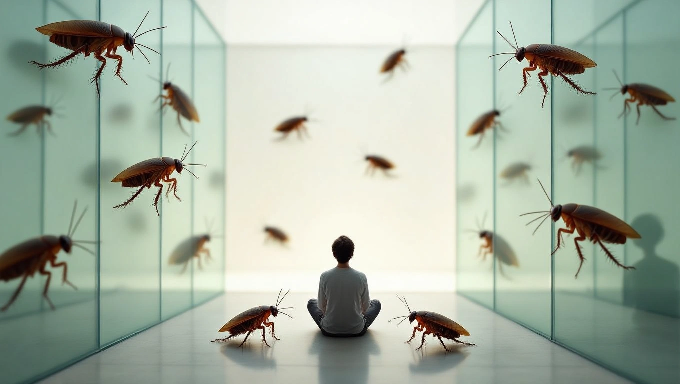 Mit jelent svábbogárral álmodni? – Részletes álomfejtés és értelmezés Egy személy ül egy üvegfalakkal körülvett térben, svábbogarak lebegnek körülötte.