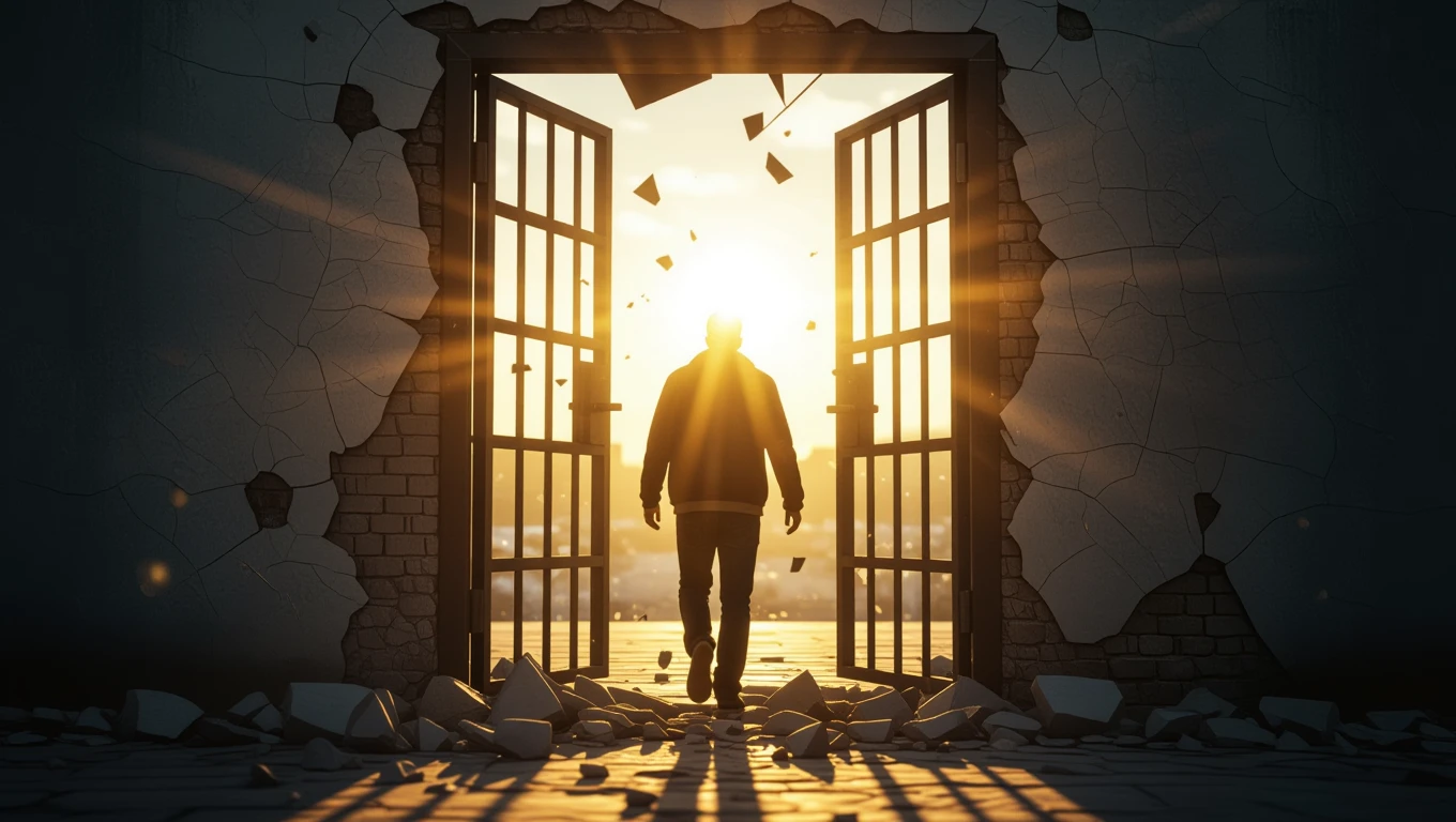 Mit jelent fegyházzal álmodni? – Részletes álomfejtés és értelmezés Egy férfi lép ki egy börtön ajtaján, mögötte napfény és romok.