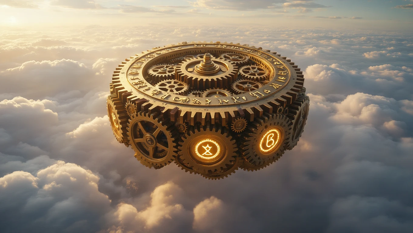 Mit jelent kombinációval álmodni? – Részletes álomfejtés és értelmezés Fém fogaskerekekből álló, lebegő szerkezet, számokkal díszítve, felhők felett.