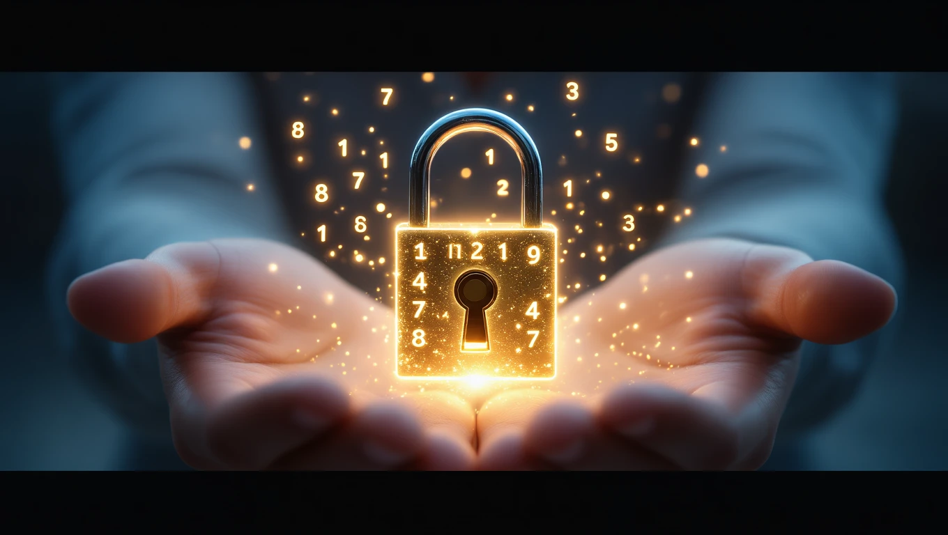 Mit jelent kombinációval álmodni? – Részletes álomfejtés és értelmezés Két kéz között lebegő zár, körülötte számok és fények, álomfejtés szimbólumai.