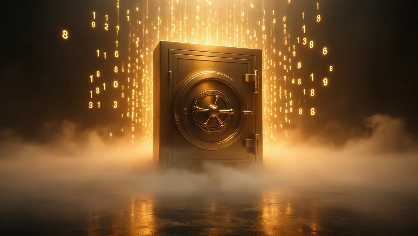 Mit jelent kombinációval álmodni? – Részletes álomfejtés és értelmezés Egy zárt széf, amelyből számok áramlanak, álomfejtés szimbólumaként.