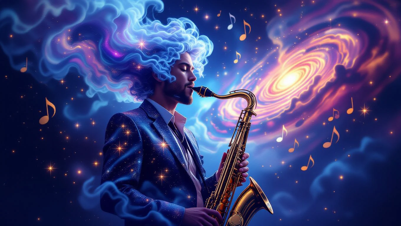 Egy férfi szaxofonozik, haja színes füstként áramlik, háttérben galaxis.