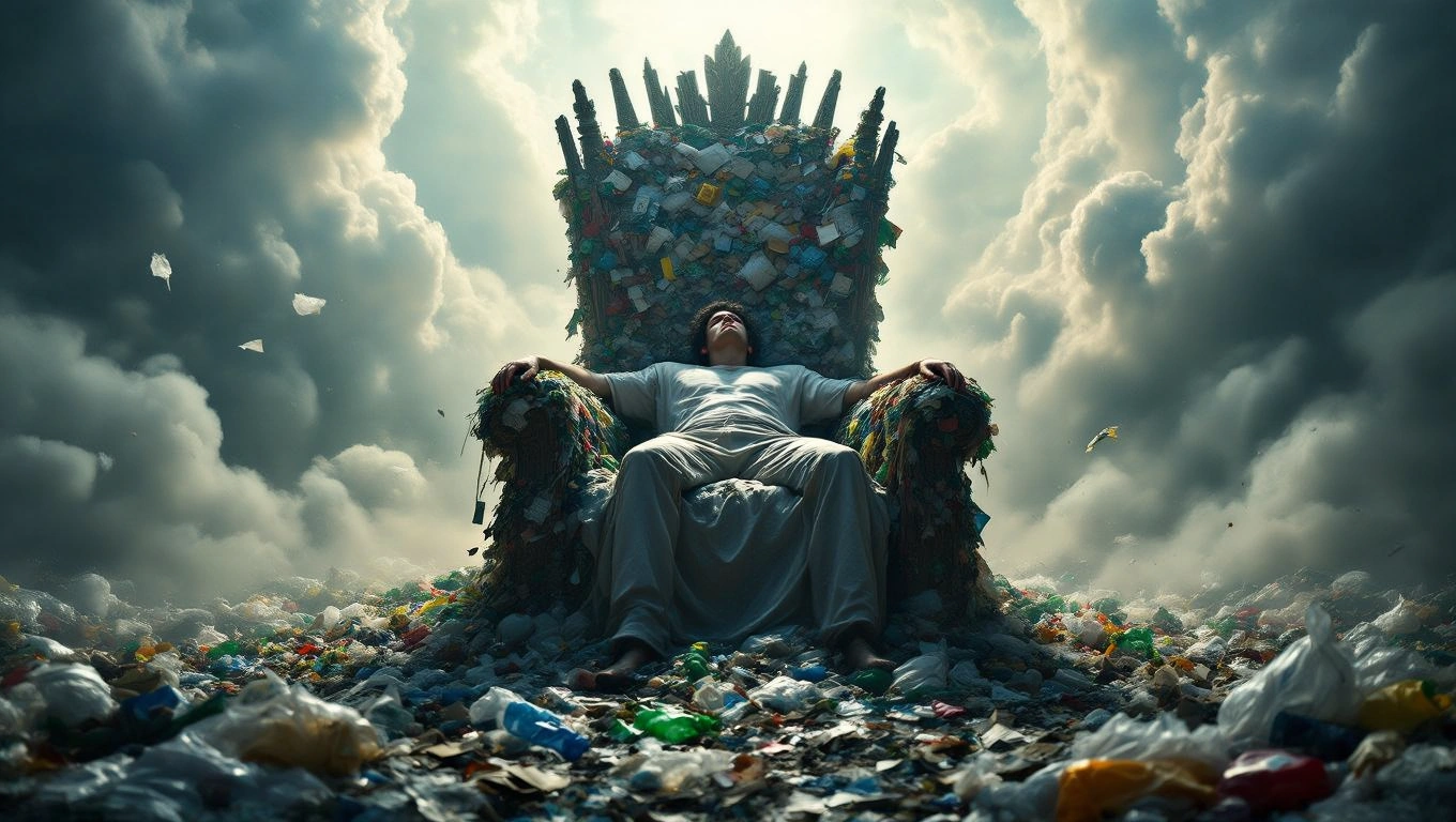 Mit jelent szeméttel álmodni? – Részletes álomfejtés és értelmezés Egy férfi ül egy szemétből készült trónon, körülötte hulladék hegyek.