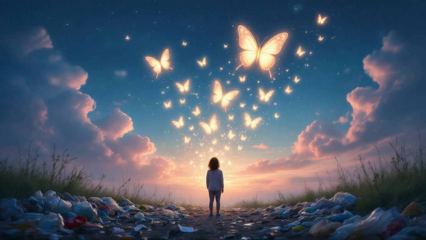 Mit jelent szeméttel álmodni? – Részletes álomfejtés és értelmezés Egy gyermek áll a szeméttel teli úton, felette pillangók repkednek a naplementében.