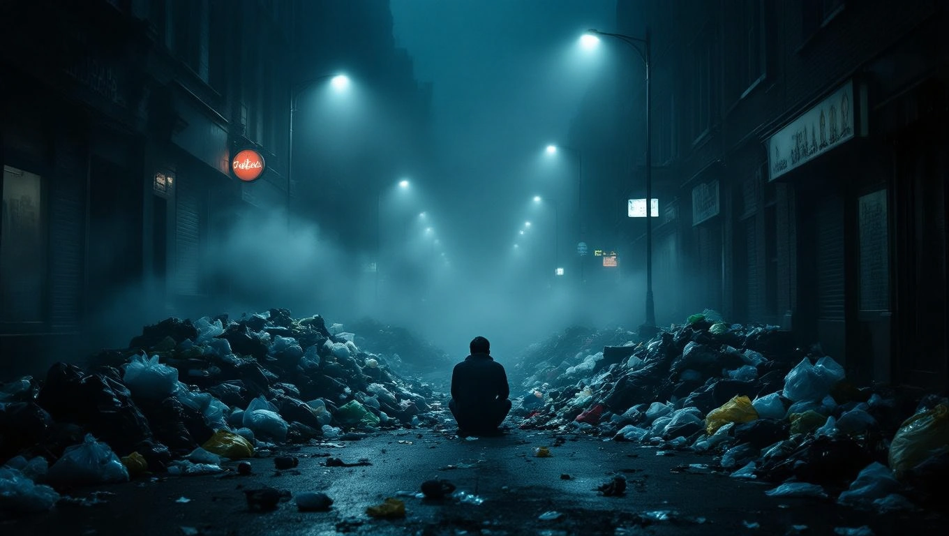 Mit jelent szeméttel álmodni? – Részletes álomfejtés és értelmezés Egy sötét utcában, szeméttel teli környezetben ül egy ember, mellette köd.
