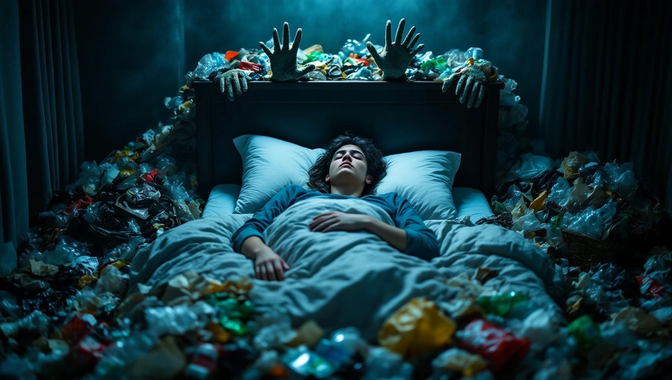Mit jelent szeméttel álmodni? – Részletes álomfejtés és értelmezés Egy fiatal nő alszik, körülötte szemét halmok, a háttérben kézformák.