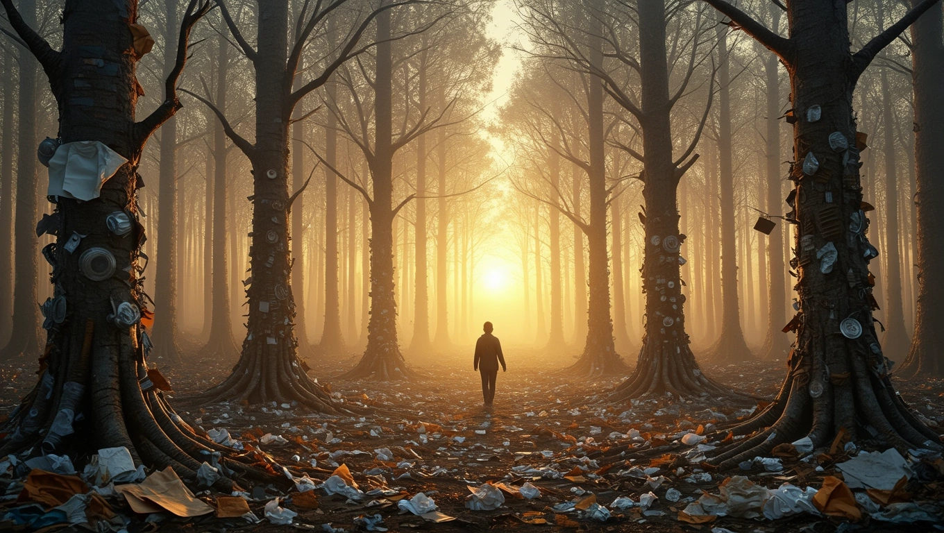 Mit jelent szeméttel álmodni? – Részletes álomfejtés és értelmezés Egy ember sétál egy szeméttel borított erdőben, ahol a fák törzsén is hulladék található.