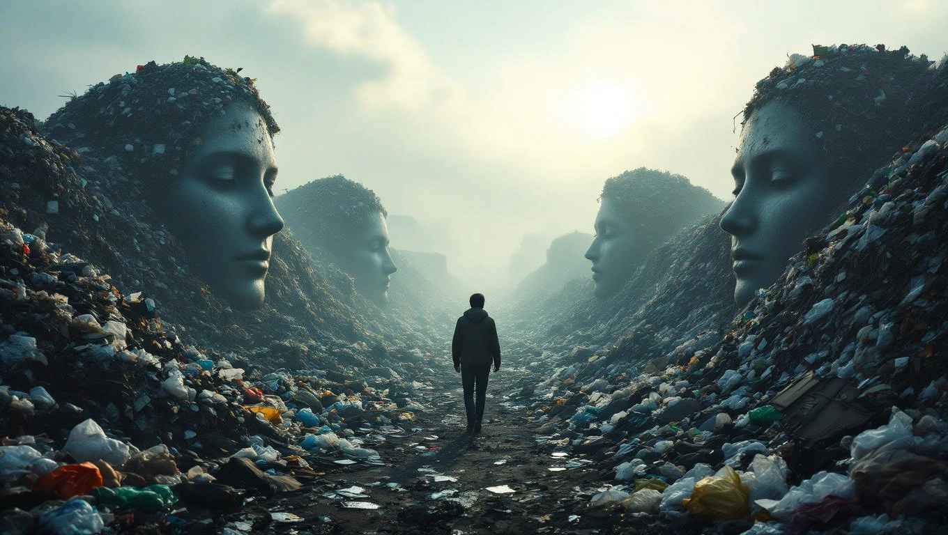 Mit jelent szeméttelepről álmodni? – Részletes álomfejtés és értelmezés Egy ember sétál egy szeméttelepen, hatalmas arcok között, amelyek a hulladékból formálódtak.