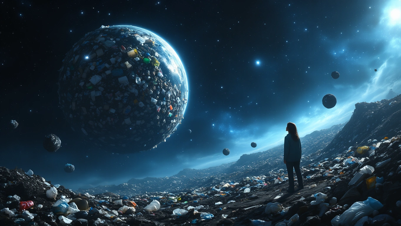 Mit jelent szeméttelepről álmodni? – Részletes álomfejtés és értelmezés Egy nő áll egy szeméttelepen, miközben egy hulladékkal borított bolygót néz az égen.