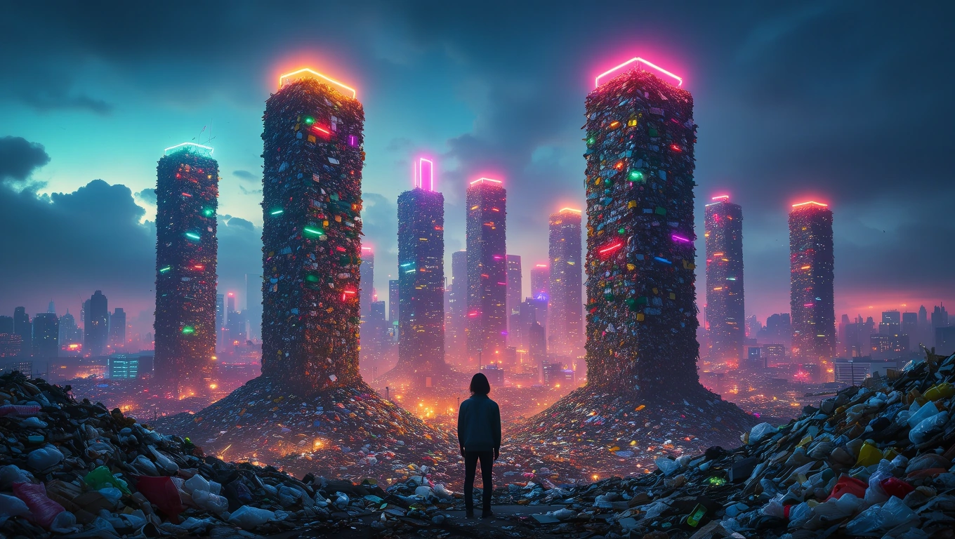 Mit jelent szeméttelepről álmodni? – Részletes álomfejtés és értelmezés Egy ember áll egy szeméttelep előtt, neonfények világítanak a hulladékos tornyokon.