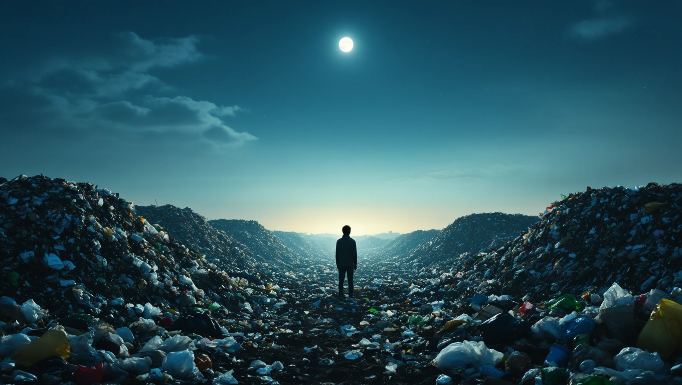 Mit jelent szeméttelepről álmodni? – Részletes álomfejtés és értelmezés Egy ember áll a szeméttelepen, körülötte hulladékhegyek, a háttérben holdfény.