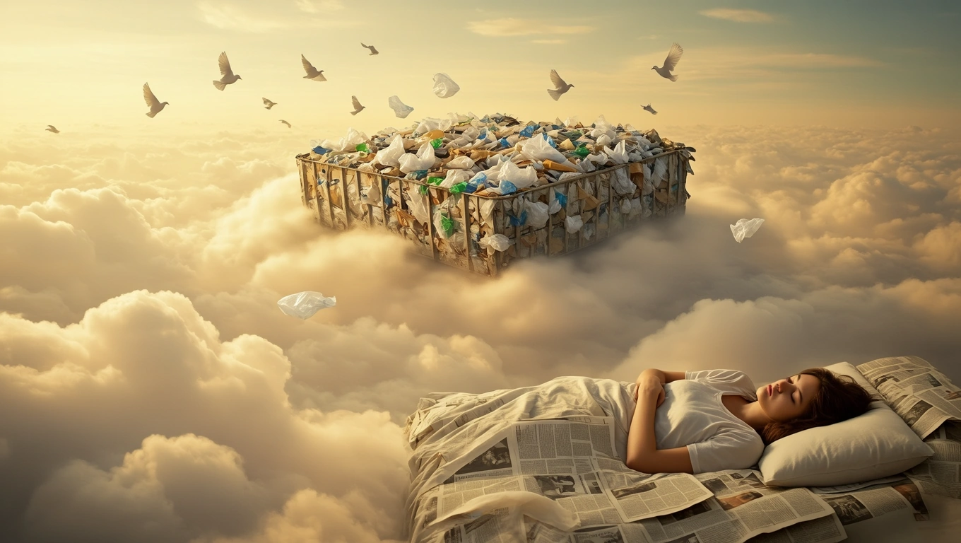 Mit jelent szeméttelepről álmodni? – Részletes álomfejtés és értelmezés Egy álmodó nő fekszik az ágyában, miközben egy szeméttelep lebeg a felhők felett.
