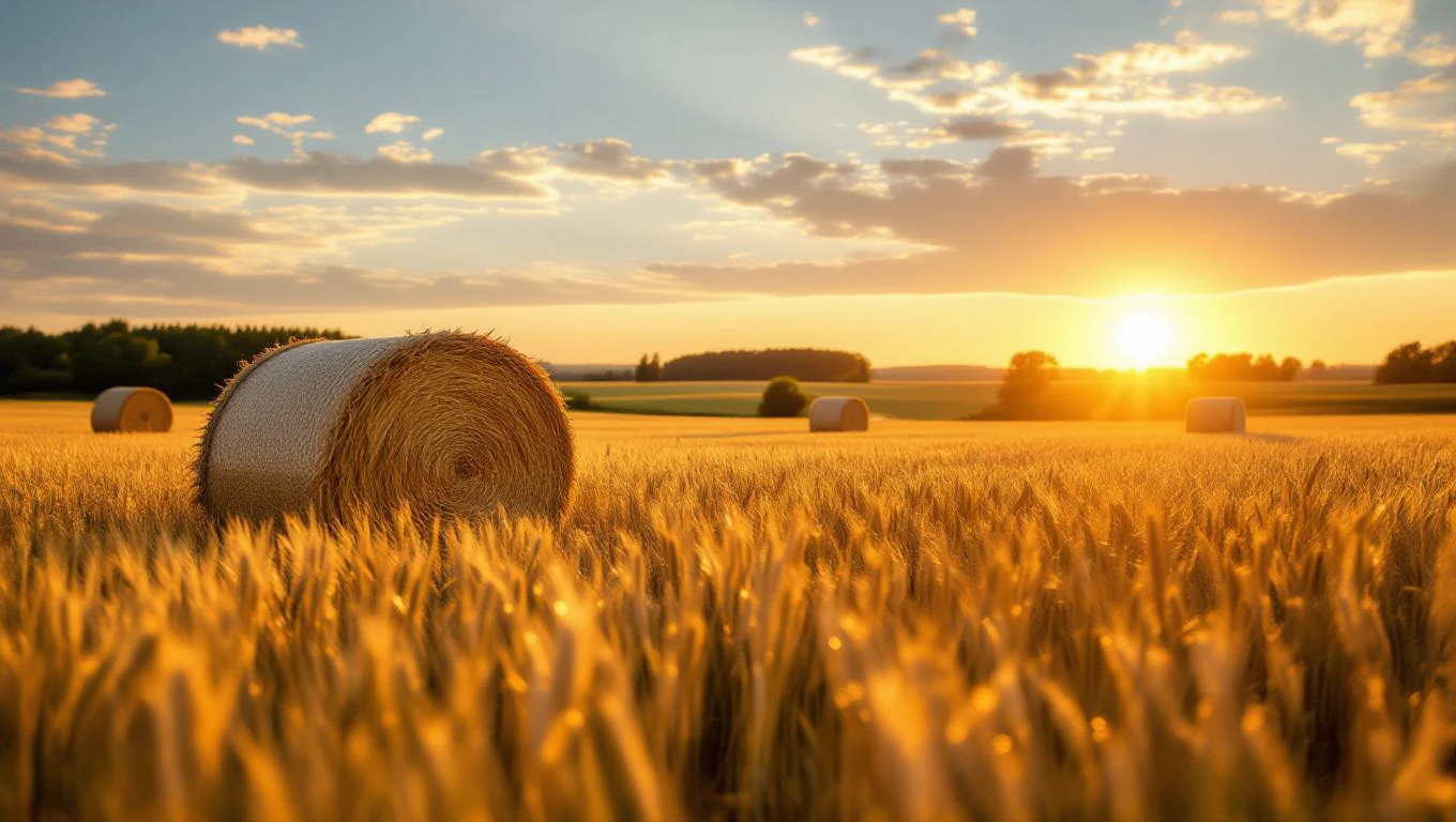 Egy naplementében álló szénabála a búzamezőn, természetes környezetben.