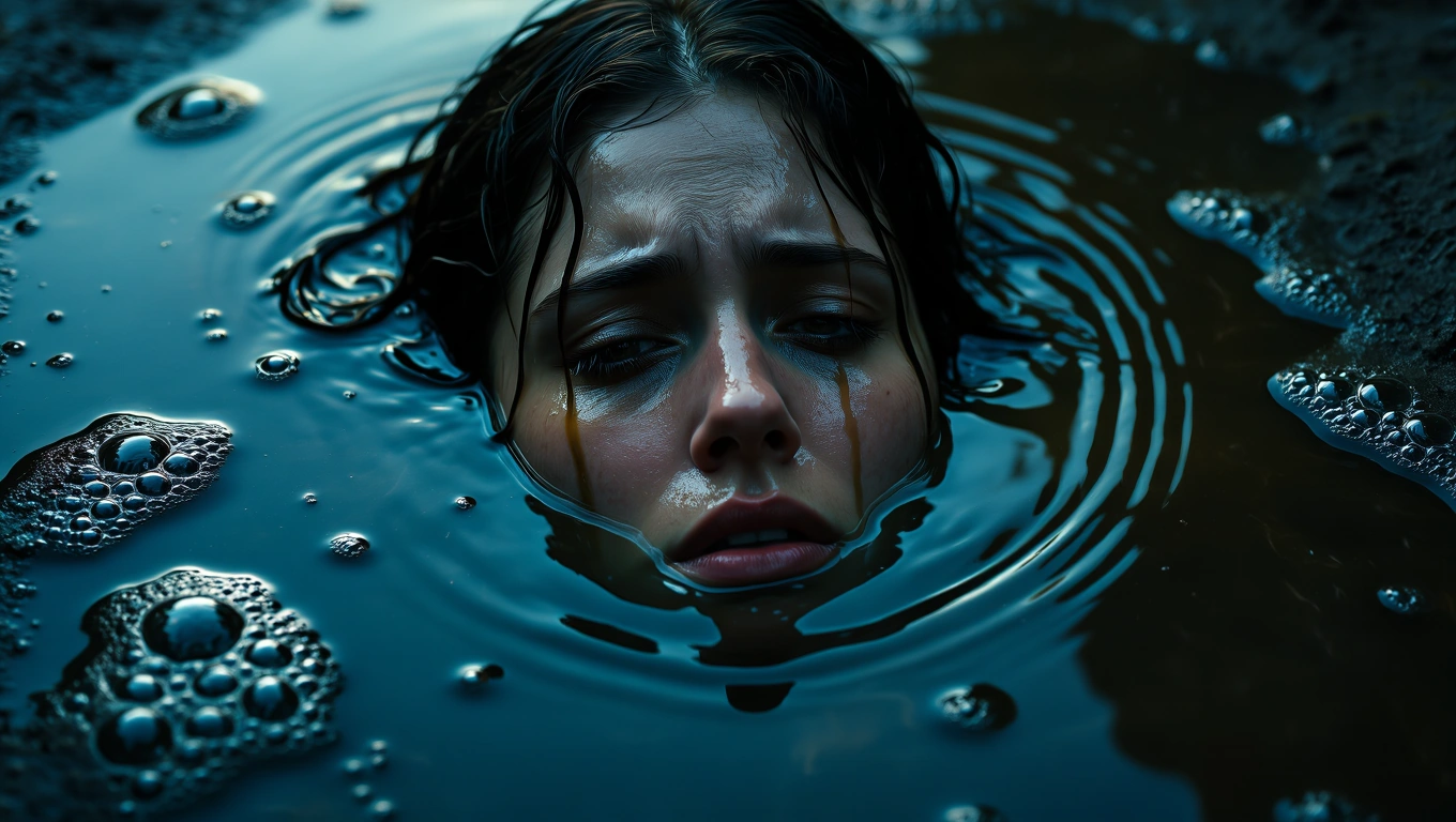 Mit jelent szennyvízzel álmodni? – Részletes álomfejtés és értelmezés Egy nő arca látható, aki szennyvízben áll, szomorú és elgondolkodó kifejezéssel.