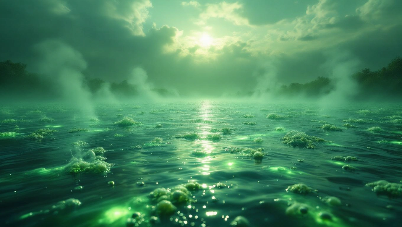 Mit jelent szennyvízzel álmodni? – Részletes álomfejtés és értelmezés Zöldes színű vízfelület, szennyvízre utaló habokkal és gőzökkel.