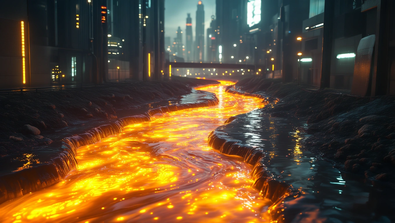 Mit jelent szennyvízzel álmodni? – Részletes álomfejtés és értelmezés Egy városi táj, ahol szennyvíz folyik, fényes narancssárga színnel.