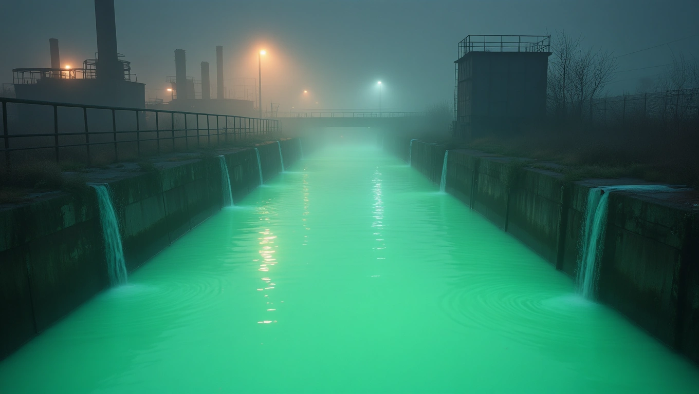 Mit jelent szennyvízzel álmodni? – Részletes álomfejtés és értelmezés Zöld színű szennyvíz folyik egy ipari területen, ködös háttérben.