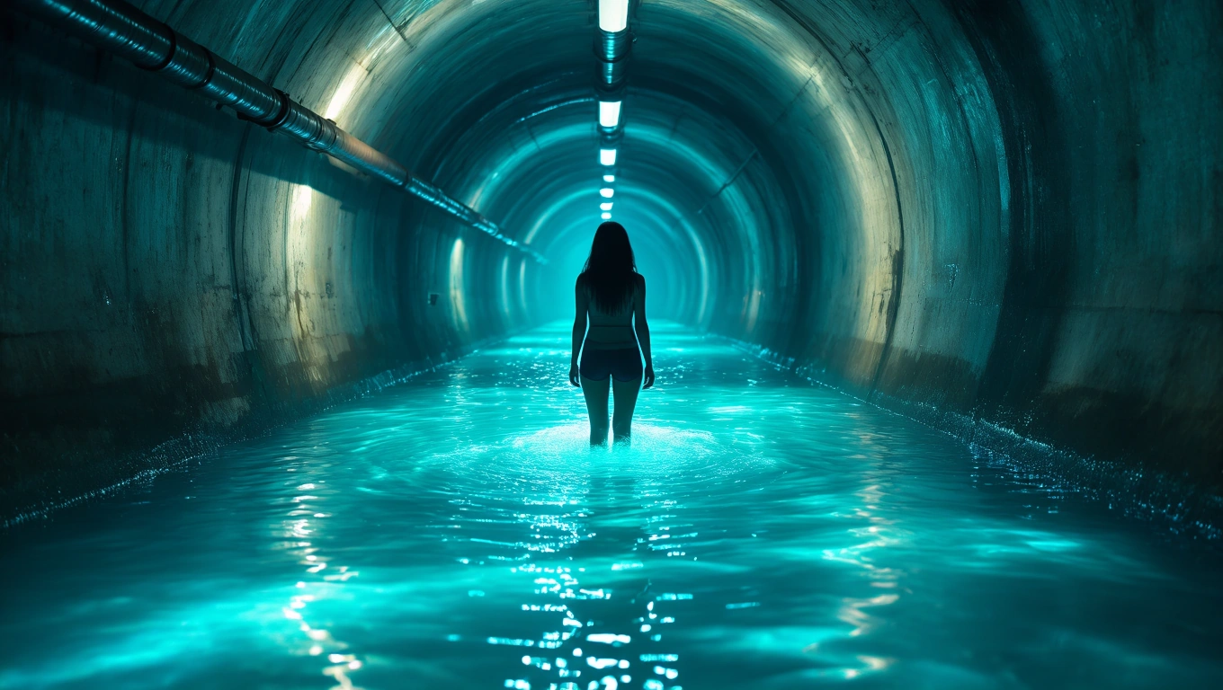 Mit jelent szennyvízzel álmodni? – Részletes álomfejtés és értelmezés Egy nő áll a szennyvízcsatornában, kékes vízben, sötét alagútban.