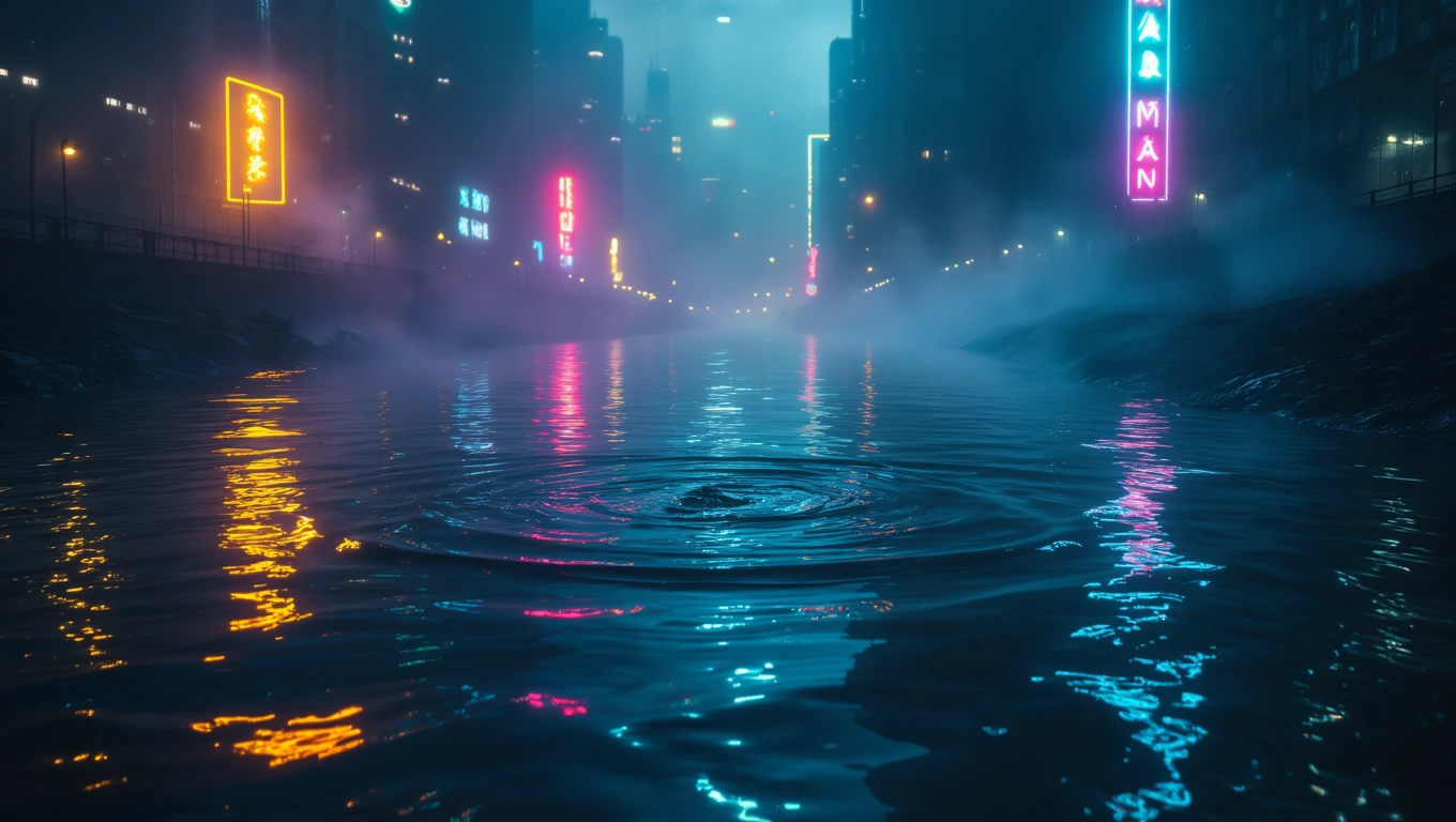 Mit jelent szennyvízzel álmodni? – Részletes álomfejtés és értelmezés Sötét városi táj, szennyvízcsatorna, neonfények tükröződnek a vízben.