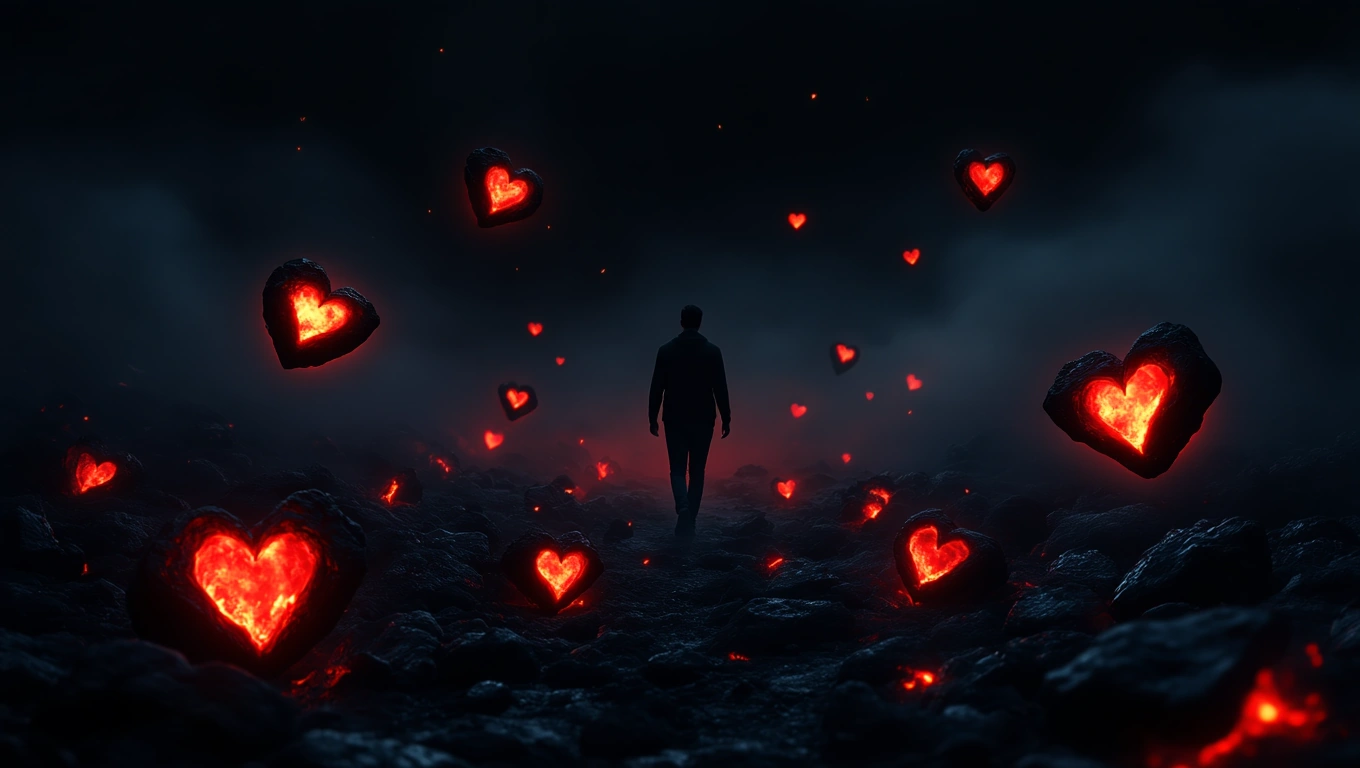 Mit jelent szénnel álmodni? – Részletes álomfejtés és értelmezés Egy ember sötét háttér előtt áll, körülötte izzó szénszív alakú kövek lebegnek.