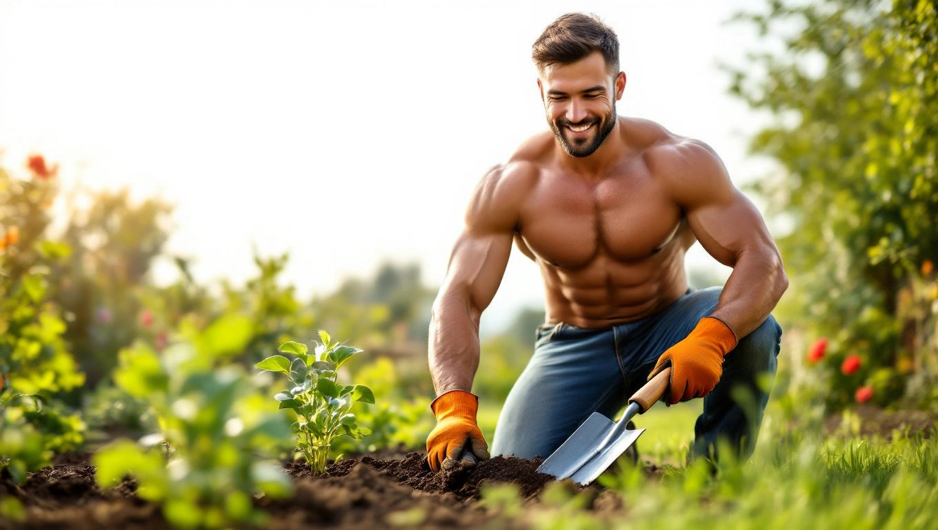 Mit jelent szexi pasikkal álmodni? – Részletes álomfejtés és értelmezés Egy izmos férfi, aki a kertben dolgozik, mosolyogva ás a földbe.