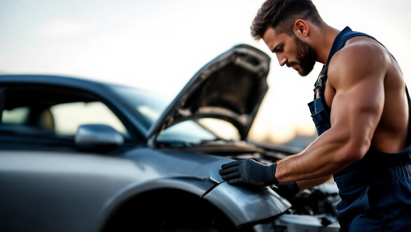 Mit jelent szexi pasikkal álmodni? – Részletes álomfejtés és értelmezés Egy izmos férfi autót szerel, figyelmesen dolgozik a motorháztető alatt.