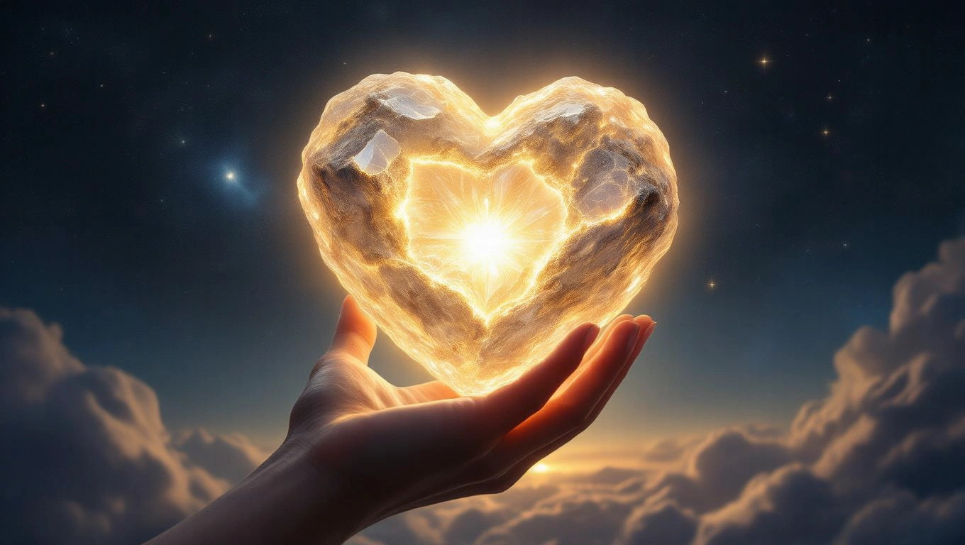 Egy kézben tartott szív alakú aszteroida ragyogó fényben.