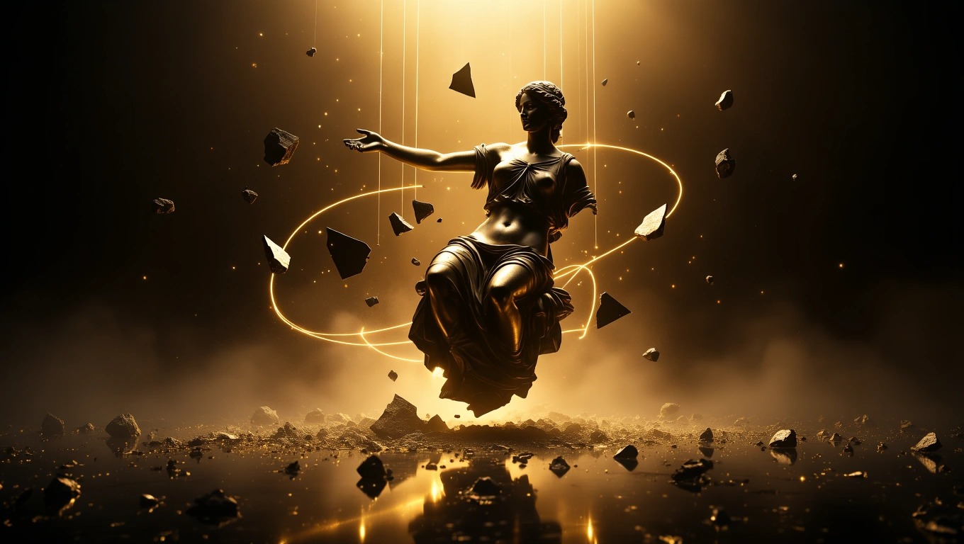 Mit jelent szoborról álmodni? – Részletes álomfejtés és értelmezés Egy aranyszínű szobor lebeg a levegőben, körülötte kövek és fények.