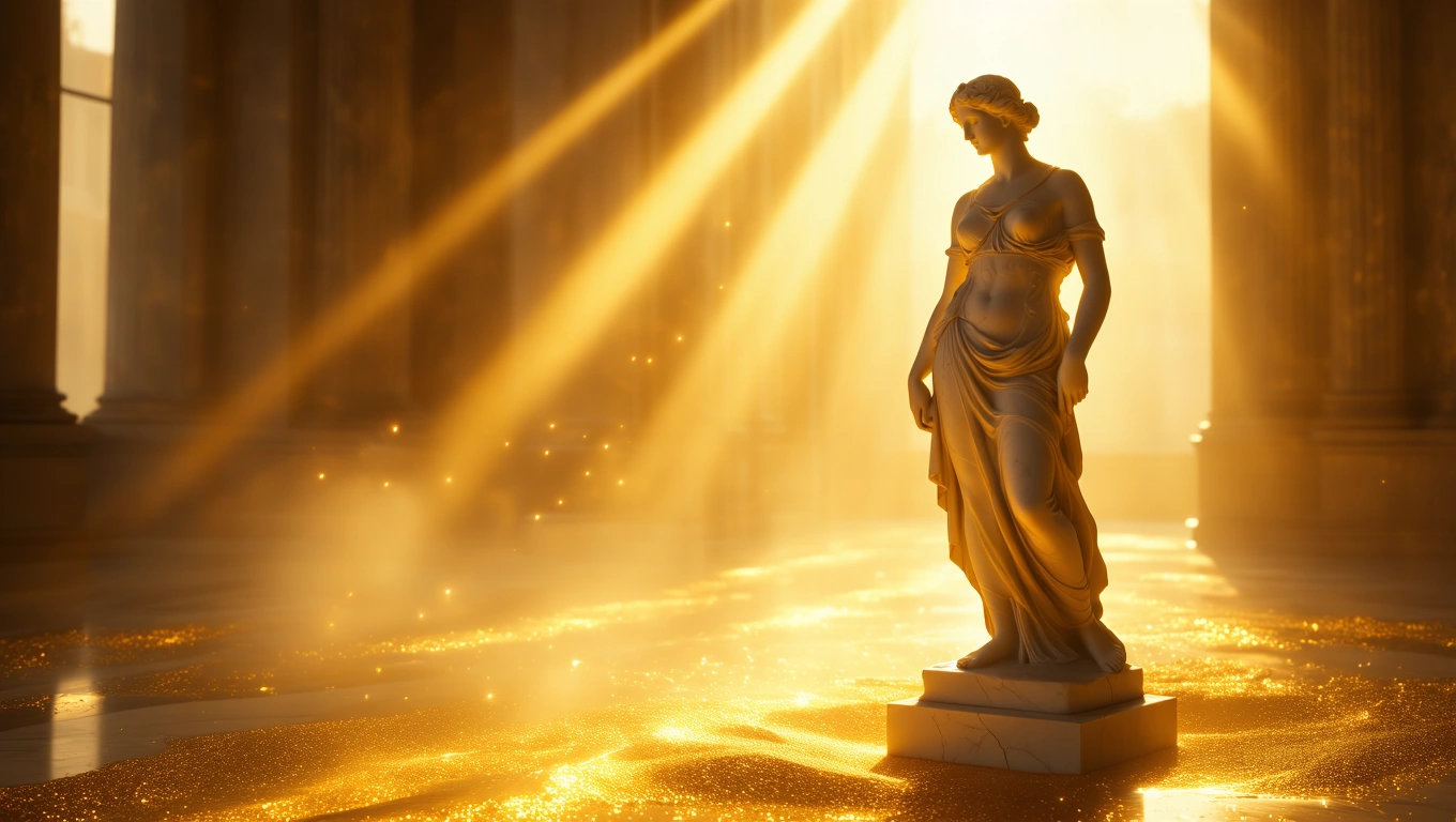 Mit jelent szoborról álmodni? – Részletes álomfejtés és értelmezés Egy szobor áll egy fényes, aranyszínű padlón, háttérben oszlopokkal.