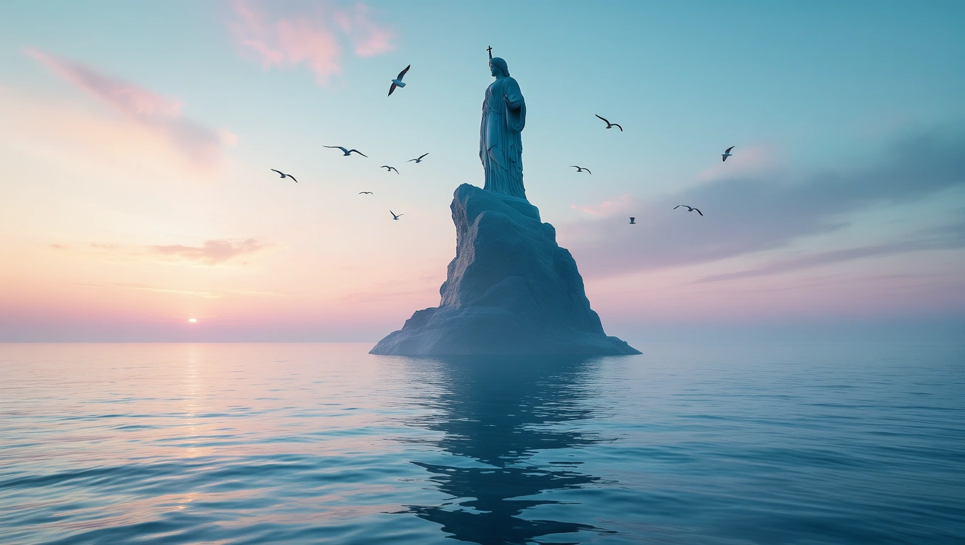 Mit jelent szoborról álmodni? – Részletes álomfejtés és értelmezés Egy hatalmas szobor áll egy szigeten, körülötte víz és madarak repkednek.