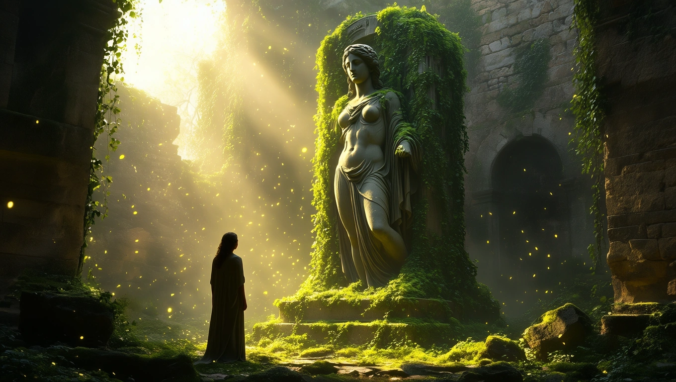 Mit jelent szoborról álmodni? – Részletes álomfejtés és értelmezés Egy nő áll egy hatalmas, növényekkel benőtt szobor előtt egy elhagyatott helyen.