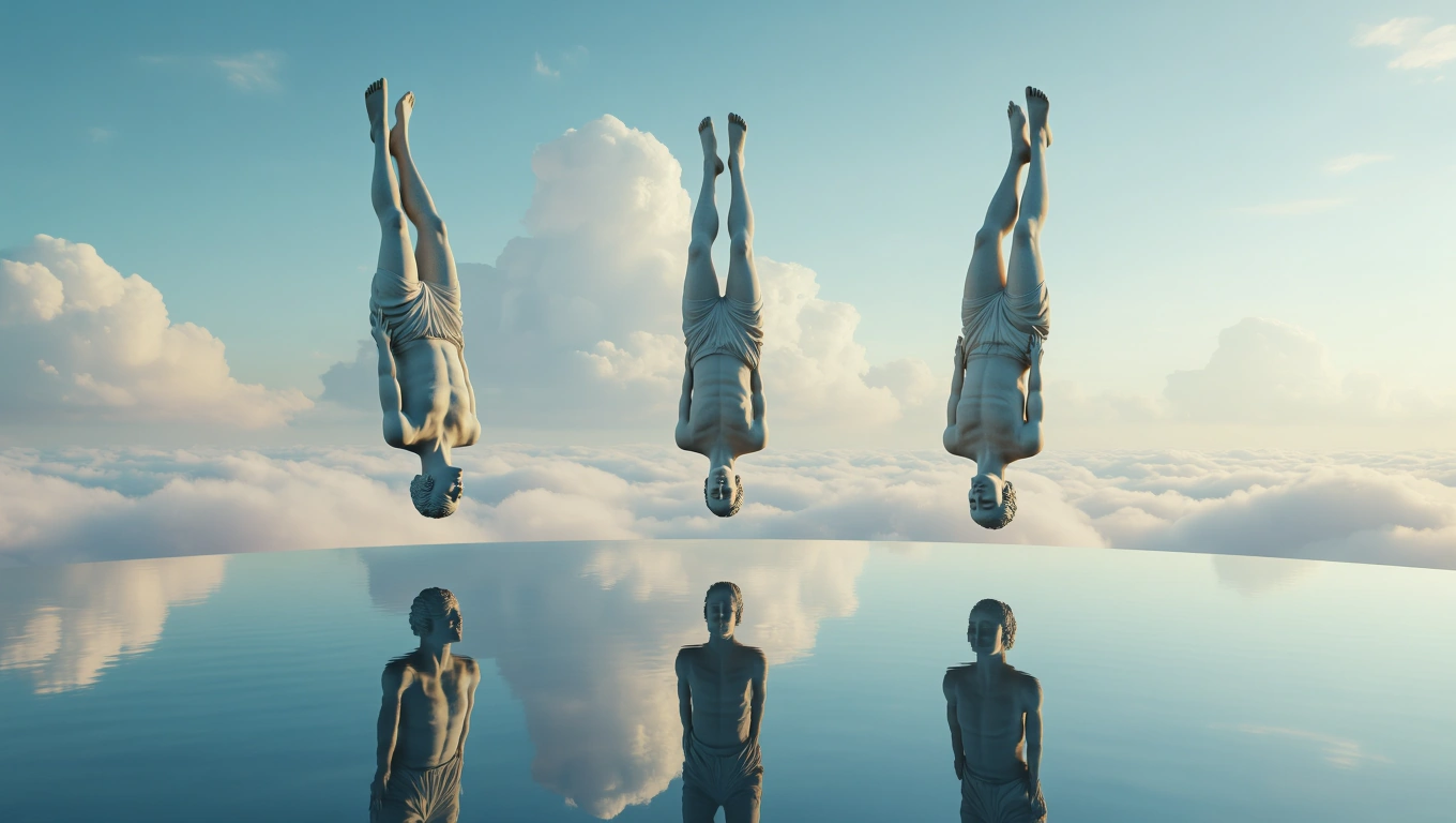 Mit jelent szoborról álmodni? – Részletes álomfejtés és értelmezés Három szobor lebeg a felhők felett, víz tükrözi őket.