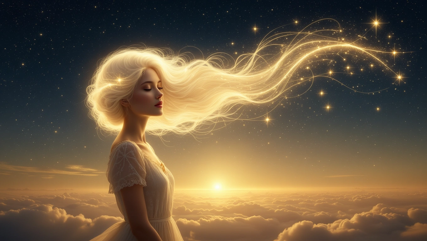 Mit jelent szőkével álmodni? – Részletes álomfejtés és értelmezés Egy szőke hajú nő álmodozva áll a felhők felett, csillagokkal körülvéve.