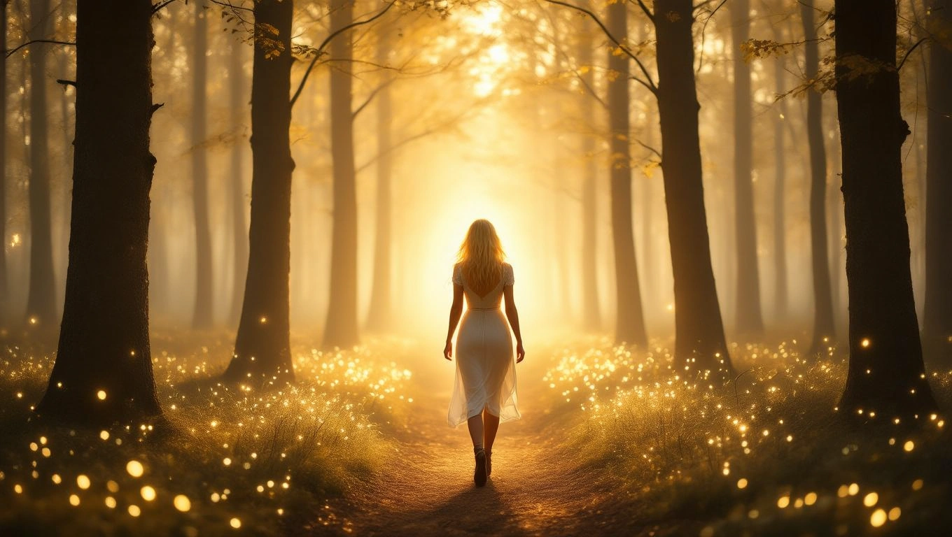 Mit jelent szőkével álmodni? – Részletes álomfejtés és értelmezés Egy szőke hajú nő sétál egy varázslatos erdőben, fényekkel körülvéve.