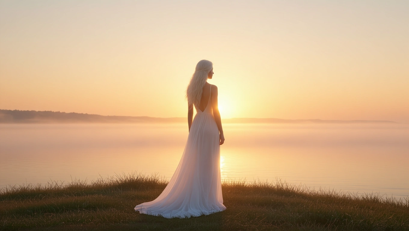 Mit jelent szőkével álmodni? – Részletes álomfejtés és értelmezés Egy szőke hajú nő áll a vízparton, háttérben naplementével.