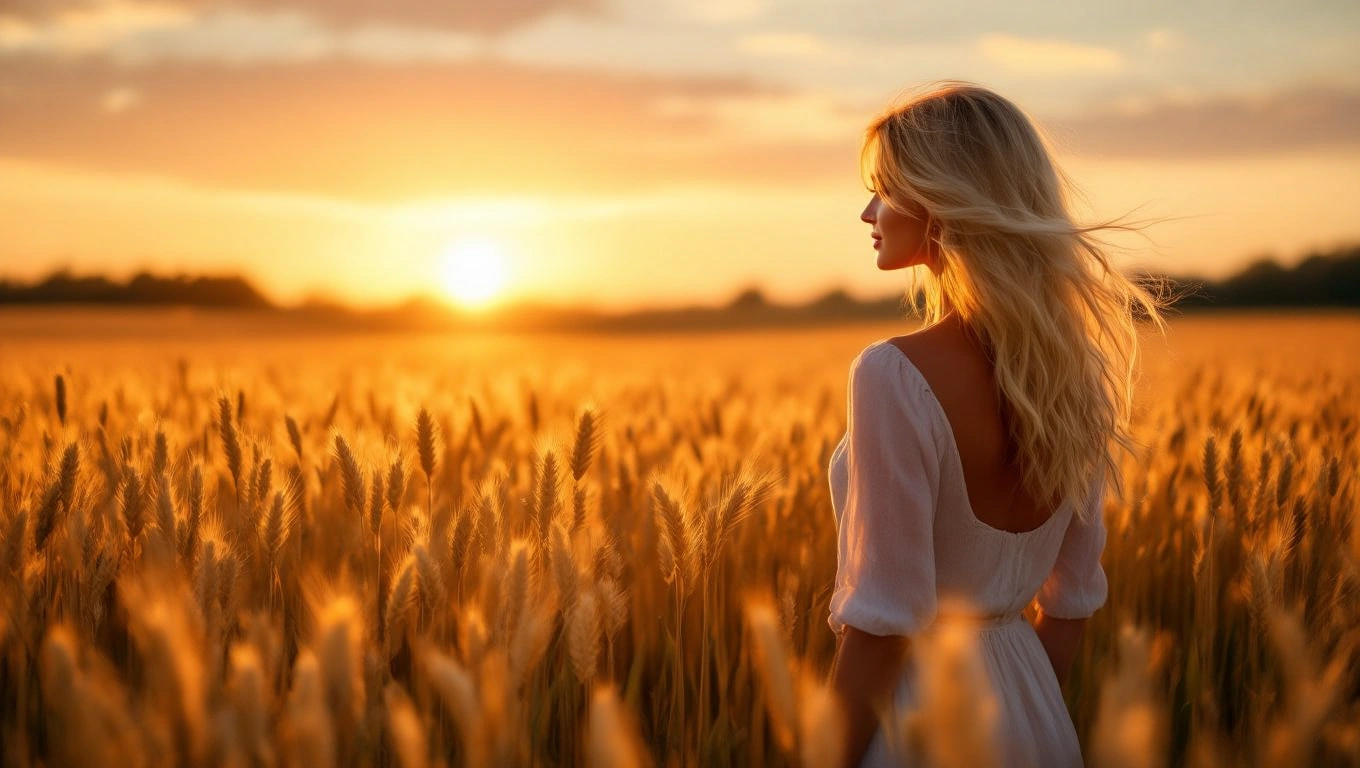 Egy szőke hajú nő áll egy aranyló búzamezőn naplementében.