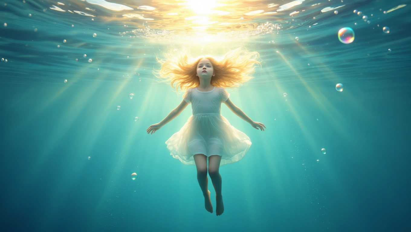 Mit jelent szőkével álmodni? – Részletes álomfejtés és értelmezés Egy szőke hajú lány lebeg a víz alatt, fehér ruhában, fényekkel körülvéve.
