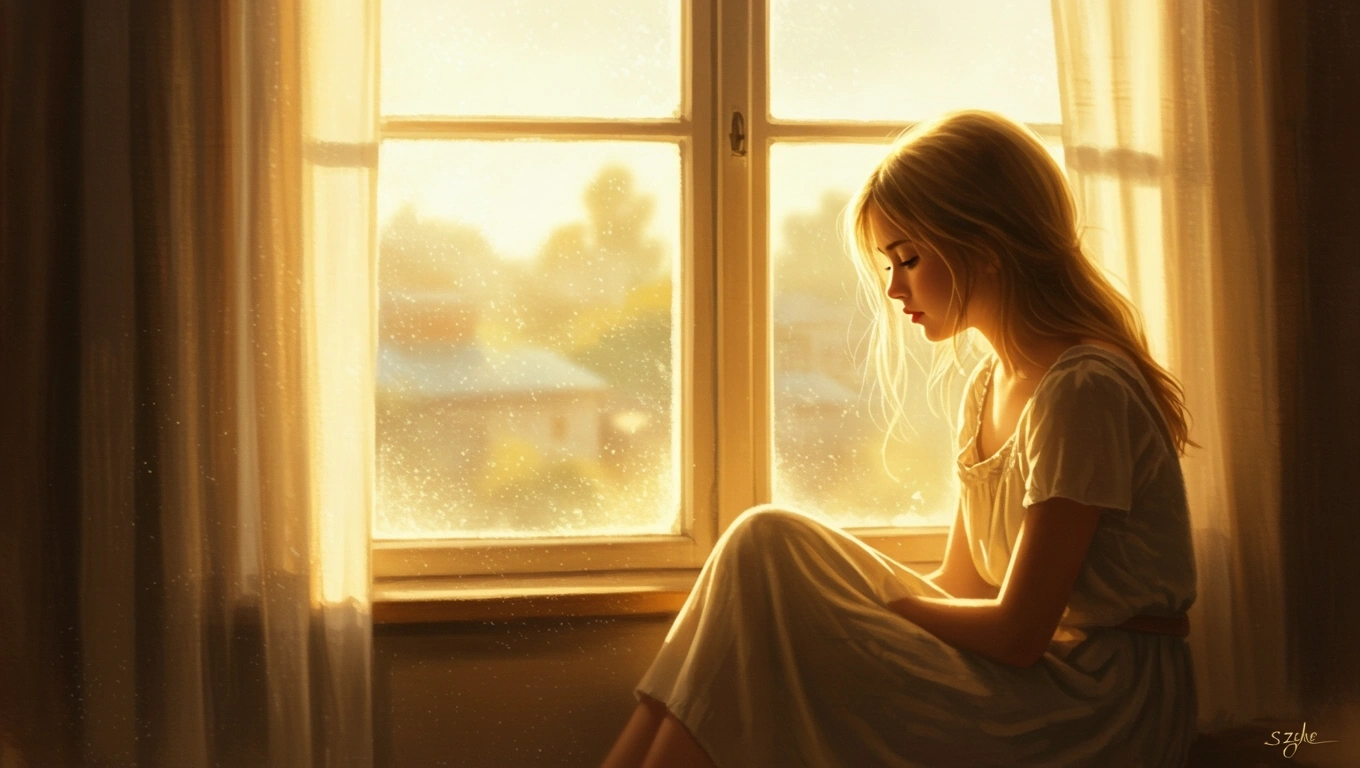 Mit jelent szőkével álmodni? – Részletes álomfejtés és értelmezés Egy szőke hajú lány ül az ablaknál, napfényben, álmodozva.